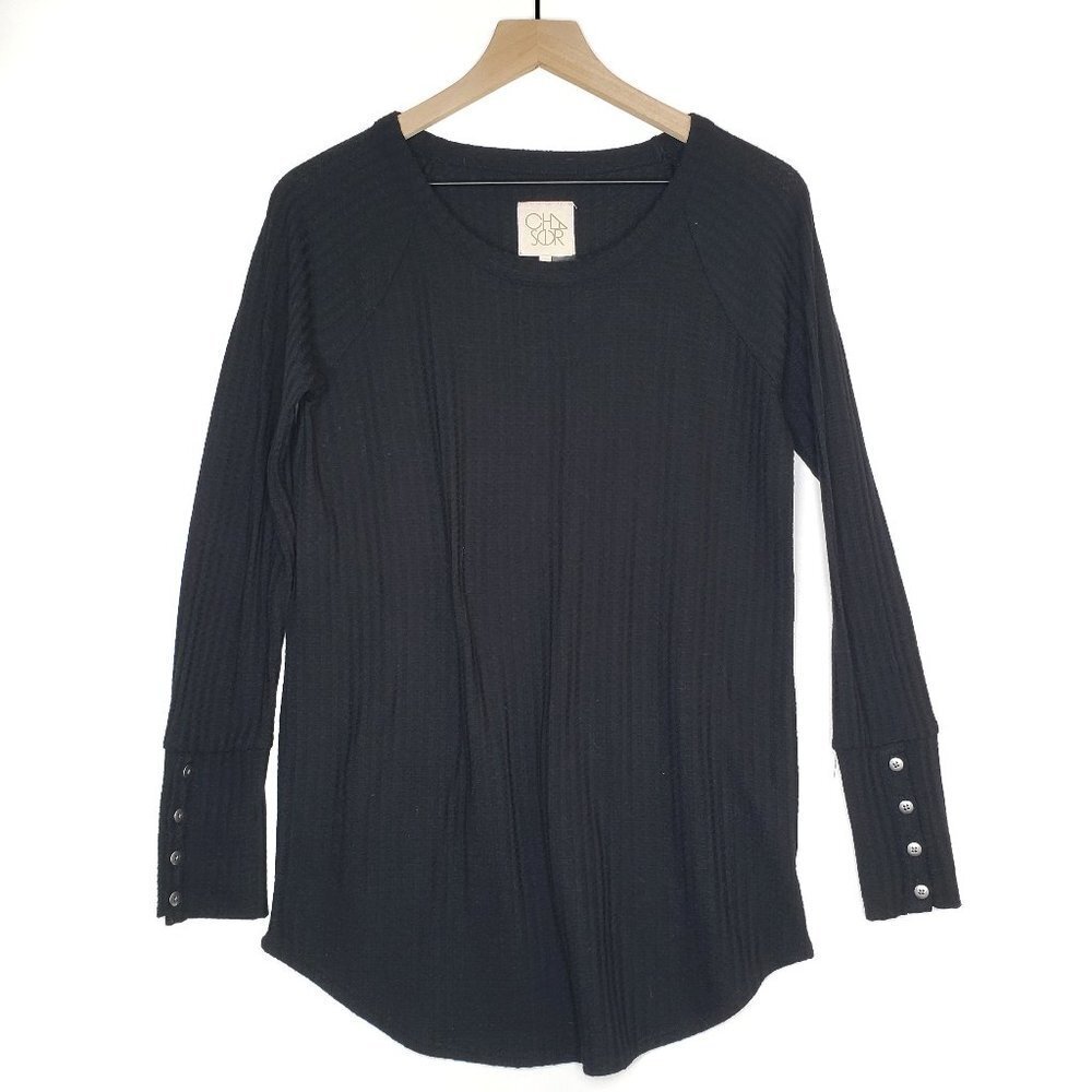 Chaser Thermal Tunic Pullover Top M Black Waffle‎ Knit Anthro